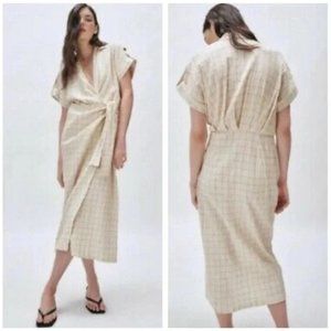 Zara Cotton Checkered Knotted Wrap Midi Dress S